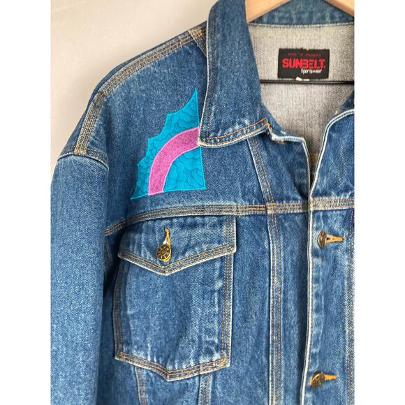 Vtg Sunbelt Sport Embroidered Patchwork Denim Jacket XL Boho Southwest Colorful - Picture 3 of 10